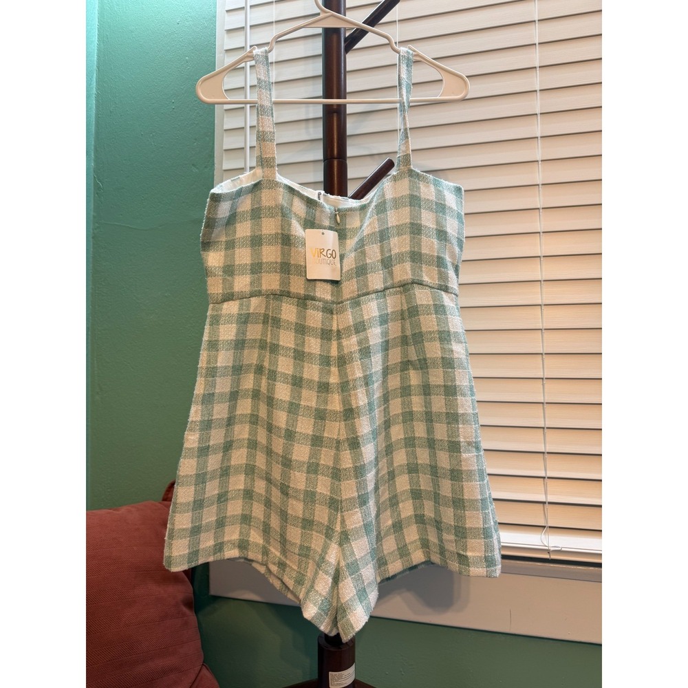Glam Womens Large Gingham Romper Mint Green Square Neck NWT Virgo Boutique